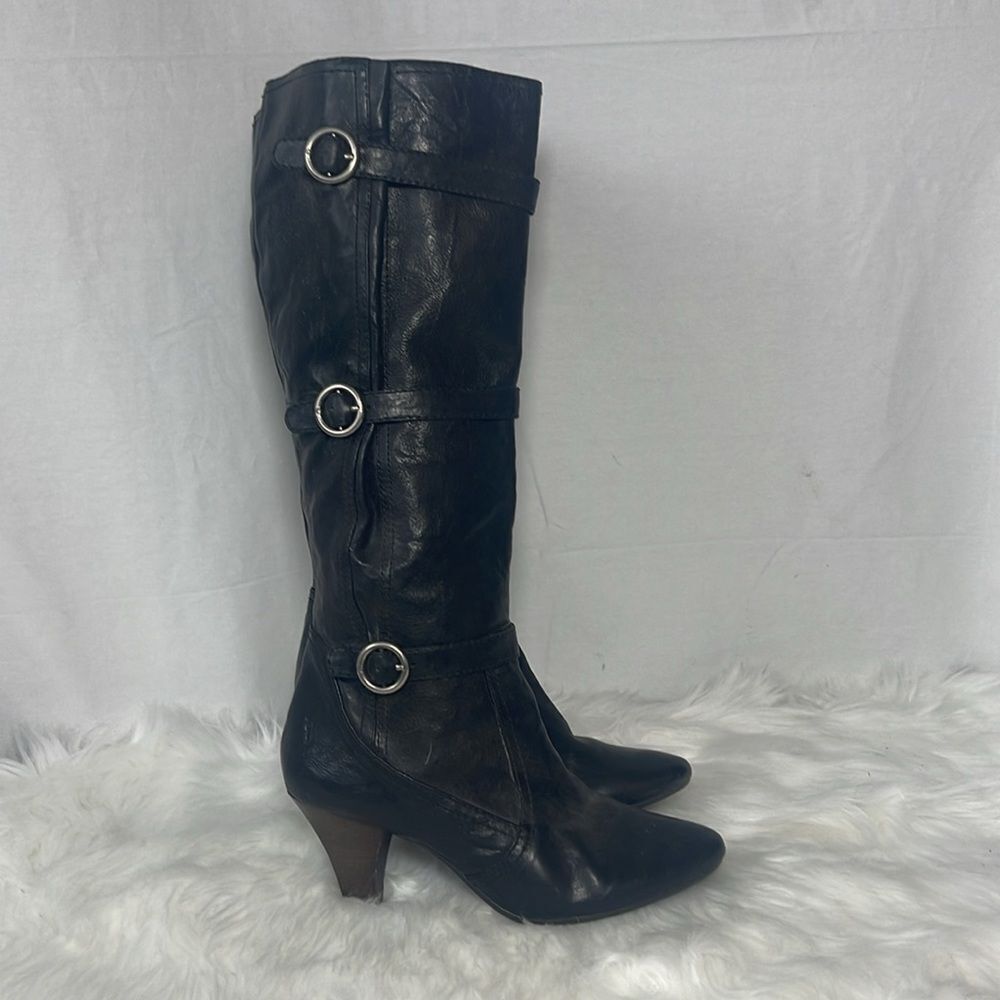 Frye Dannika 3 Strap Black Leather Heeled Buckle Trim Boots Sz 8